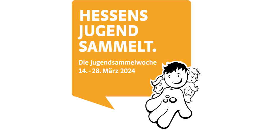 Eine Sprechblase mit der Aufschrift "Hessens Jugend sammelt. Die Jugendsammelwoch 14. - 28. März 2024" mit Kinder-Zeichentrickfiguren.