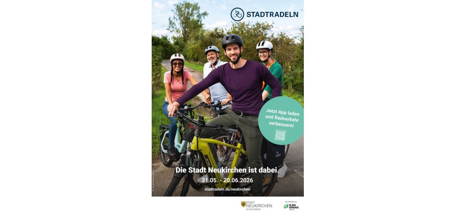 Auf dem Bild sieht man ein Plakat. Darauf ist eine Gruppe Fahrradfahrer und es wird zur Beteiligung an der Aktion "Stadtradeln" geworben. Aktionszeitraum: 31.05.-20.06.2026