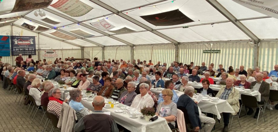 Auf dem Foto sind Seniorinnen und Senioren zu sehen, die an Bierzeltgarnituren in einem Festzelt sitzen.