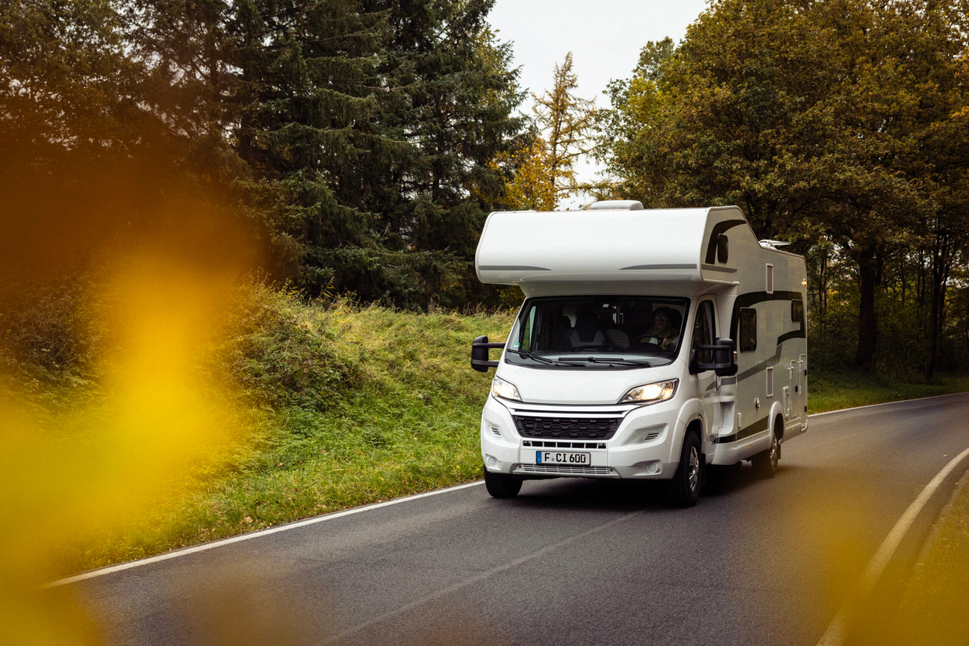 Auf dem Foto ist ein Wohnmobil zu sehen, das auf einer Straße entlang fährt. Drum herum Bäume und grüne Wiese